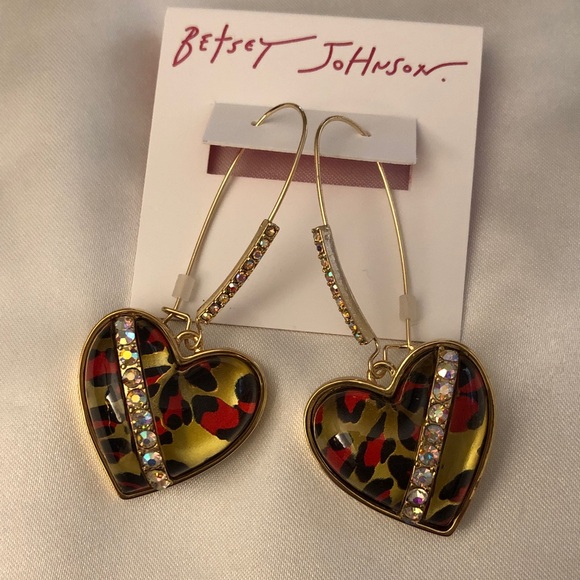 Betsey Johnson Jewelry - Betsey Johnson Wild Heart Drop Earrings Leopard Print & Crystal Accents NWT